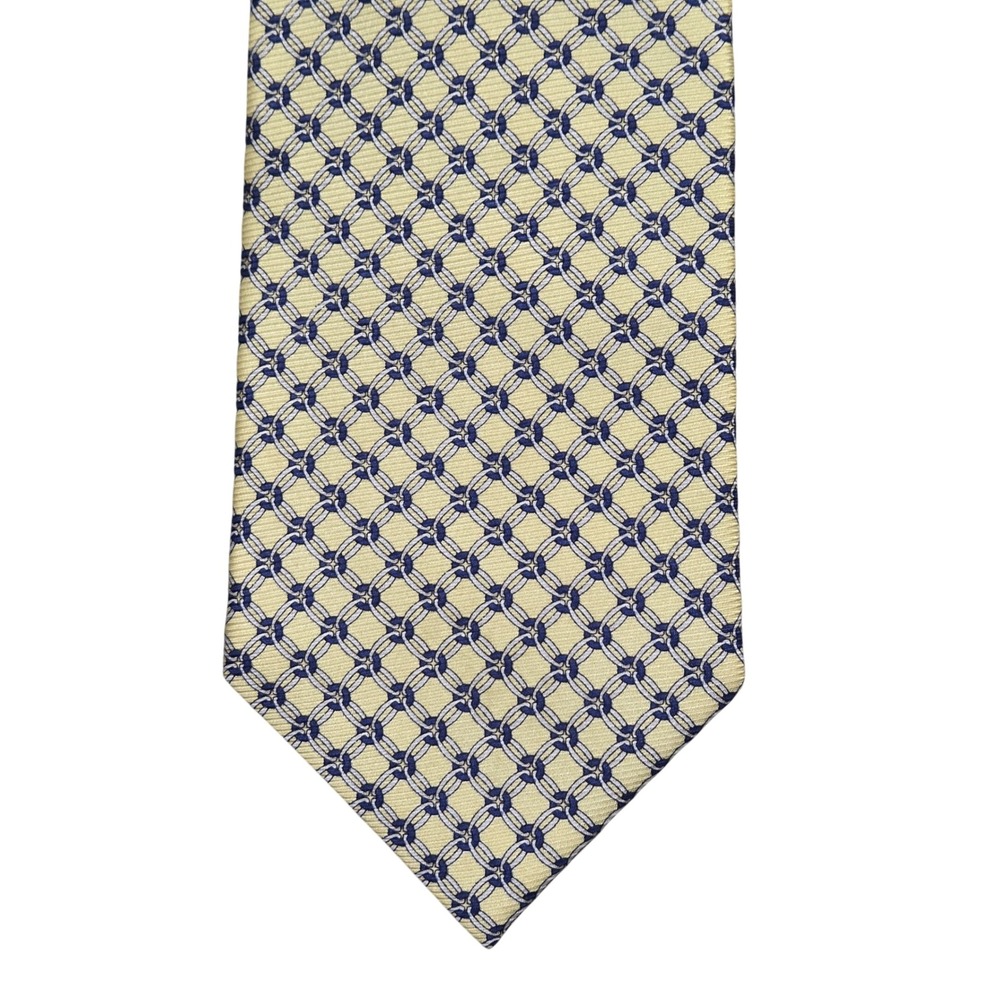 Venezia Mens Silk Tie Yellow Navy Blue Geometric Chain Link Pattern Italy